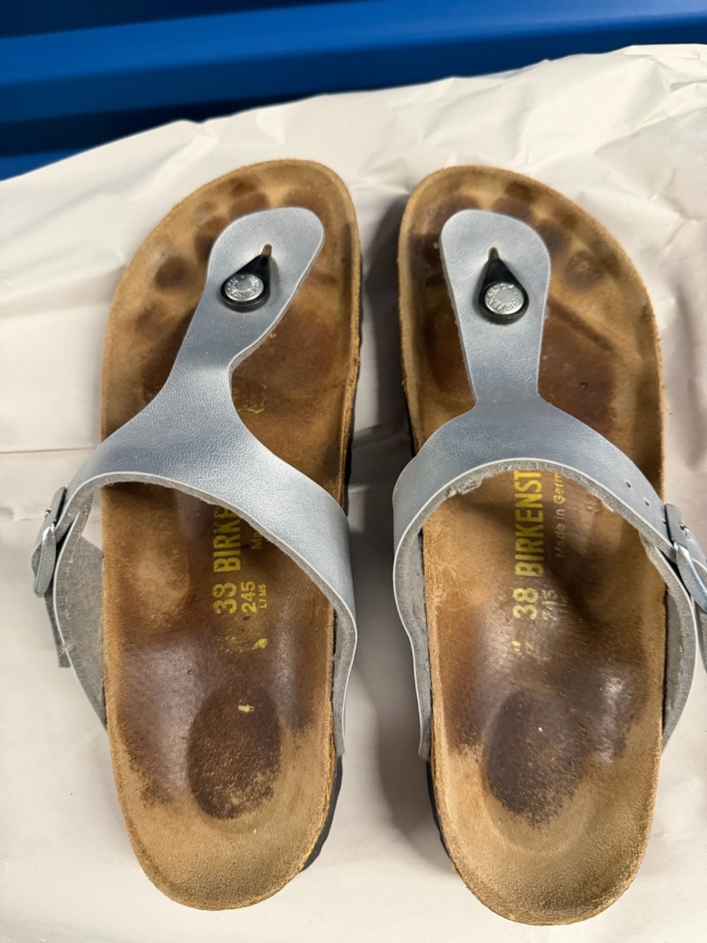 Birkenstock Silver Thong Sandals with Buckle Strap